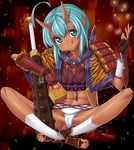  :q ahoge animal_print ankle_wrap armor barefoot beans blue_eyes blue_hair club dark_skin demon_girl feet fingerless_gloves gloves horns indian japanese_armor kanabou kink kote magatama masu midriff navel oni oni_horns original pointy_ears shoulder_armor sitting slit_pupils sode solo tiger_print toeless_legwear toes tongue tongue_out weapon 