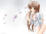  blush brown_hair chocolate copyright_request higuchi_isami panties solo striped striped_panties third-party_edit underwear wallpaper 