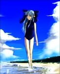  artist_request blue_hair half_updo len melty_blood one-piece_swimsuit pointy_ears red_eyes solo swimsuit tsukihime 