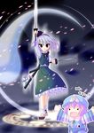  :d \o/ akakage_red arms_up chibi chibi_inset clock dual_wielding holding katana konpaku_youmu konpaku_youmu_(ghost) magic_circle multiple_girls open_mouth outstretched_arms petals red_eyes saigyouji_yuyuko short_hair smile sword touhou weapon white_hair 