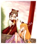  ascot blonde_hair bow broom brown_eyes brown_hair collar detached_sleeves dress flat_chest frills hair_bow hair_tubes hakurei_reimu ibuki_suika long_hair long_sleeves looking_at_viewer low-tied_long_hair multiple_girls nipples nu_(plastic_eraser) outdoors pillar red_dress ribbon-trimmed_sleeves ribbon_trim sidelocks sitting touhou very_long_hair 