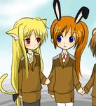  animal_ears artist_request black_legwear blonde_hair bunny_ears cat_ears fate_testarossa long_hair low-tied_long_hair lowres lyrical_nanoha mahou_shoujo_lyrical_nanoha military military_uniform multiple_girls oekaki pantyhose takamachi_nanoha tsab_ground_military_uniform uniform very_long_hair white_legwear 