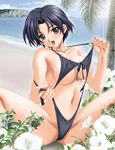  akane_minori artist_request beach bikini black_hair breasts cleavage day flower gaku-en_~nerawareta_chitai~ hibiscus large_breasts outdoors short_hair solo swimsuit takaaki undressing water 