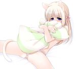  animal_ears blue_eyes blush cat_ears cat_tail copyright_request embarrassed ooji panties pillow ribbon solo spread_legs striped striped_panties tail twintails underwear 
