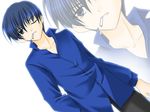  blue_eyes blue_hair cigarette dress_shirt dutch_angle ever_17 kuranari_takeshi male_focus min mouth_hold one_eye_closed pants shirt solo standing zoom_layer 