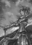  2d adapted_costume ahoge armor artoria_pendragon_(all) fate/stay_night fate_(series) gauntlets greyscale hands_on_hilt monochrome profile saber solo sword weapon 