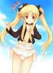  1girl blonde_hair fate_testarossa kurasuke long_hair lyrical_nanoha mahou_shoujo_lyrical_nanoha panties pantyshot pleated_skirt red_eyes shirt skirt solo striped striped_shirt twintails underwear white_panties wind wind_lift 