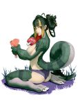  1girl ahoge ass bangs blonde_hair blunt_bangs boned_meat breasts claws commentary commission crocodile_tail cutoffs double_bun eating food full_body gradient_hair green_hair highres holding holding_food large_breasts lizard_girl long_hair looking_at_viewer materclaws meat micro_shorts monster_girl multicolored_hair original paws scales shorts simple_background sitting slit_pupils solo streaked_hair tail topless two-tone_hair wariza white_background yellow_eyes 