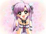  1girl :d artist_request blush boy_meets_girl breasts brown_eyes long_hair open_mouth purple_hair ribbon shingyouji_mao small_breasts smile solo sparkle two_side_up 