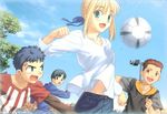  3boys ahoge artoria_pendragon_(all) ball black_hair blonde_hair brown_hair cloud day fate/hollow_ataraxia fate/stay_night fate_(series) green_eyes hair_ribbon highres multiple_boys playing_sports ribbon roteiro saber sky soccer soccer_ball sport takeuchi_takashi tree 