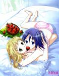 barefoot bed blonde_hair blue_hair camisole food fruit highres lingerie mouth_hold multiple_girls ooshima_towa original panties pillow pink_panties shared_food side_ponytail strawberry striped striped_panties underwear underwear_only yuri 