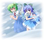  black_hair blue_dress blue_eyes blue_skirt blue_vest bow cirno clenched_hands collared_shirt daiyousei dress energy_ball fairy_wings green_bow green_hair hair_bow hair_ribbon ice ice_wings koto lowres multiple_girls neck_ribbon open_mouth puffy_short_sleeves puffy_sleeves red_ribbon ribbon shirt short_hair short_sleeves side_ponytail skirt snow snowball surprised touhou vest white_shirt wings yellow_ribbon 