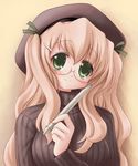  920-k beret blonde_hair copyright_request glasses green_eyes hat long_hair md5_mismatch pen smile solo sweater turtleneck 