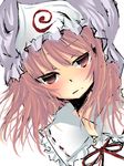  artist_request blush closed_mouth frills hat looking_at_viewer lowres mob_cap pink_hair red_eyes red_ribbon ribbon ribbon-trimmed_collar ribbon_trim saigyouji_yuyuko short_hair simple_background solo touhou triangular_headpiece upper_body white_background 