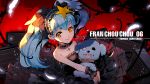  1girl blue_hair bracelet copyright_name cross cross_necklace dog dress feathers hair_ornament heart_monitor highres holding_dog hoshikawa_lily jewelry necklace pcw romero_(zombie_land_saga) smile star star_hair_ornament strapless strapless_dress twintails yellow_eyes zombie_land_saga 