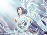  breasts feathers katana lightning mahou_sensei_negima! medium_breasts sakurazaki_setsuna sheath sideboob solo suda_(yuunagi_enikki) sword unsheathing weapon wings 