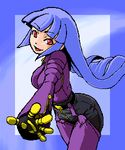  :d artist_request bangs belt blue_background blunt_bangs bodysuit border buckle chaps cowboy_shot kula_diamond long_hair looking_at_viewer lowres open_mouth outstretched_arm purple_bodysuit red_eyes simple_background smile snk solo spread_fingers the_king_of_fighters 