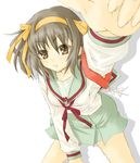  armband bangs jhonwalker kita_high_school_uniform medium_hair ribbon school_uniform solo suzumiya_haruhi suzumiya_haruhi_no_yuuutsu 