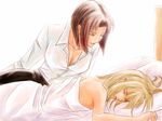  artist_request bed blonde_hair breasts brown_hair cleavage jpeg_artifacts large_breasts maria-sama_ga_miteru mizuno_youko multiple_girls satou_sei shirt short_hair sleeping yuri 