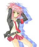  armlet belt buckle hinamori_amu jacket jhonwalker long_sleeves looking_at_viewer necktie open_clothes open_jacket plaid plaid_skirt pleated_skirt red_neckwear red_skirt shirt shugo_chara! silhouette simple_background skirt solo white_background white_shirt 