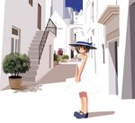 aikawa_touma brown_eyes brown_hair city copyright_request day dress hat mary_janes shoes short_hair solo sun_hat sundress town white 