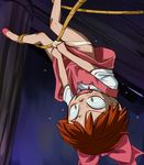  bow fang gegege_no_kitarou hair_ribbon hanging haruyama_kazunori nekomusume nekomusume_(gegege_no_kitarou_5) panties panty_pull pink_bow ribbon rope solo underwear upside-down 