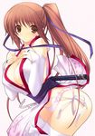  blush breasts brown_eyes brown_hair cleavage dead_or_alive dress hands_on_own_chest iizuki_tasuku japanese_clothes kasumi_(doa) large_breasts leaning_forward long_hair ninja no_bra panties pantyshot pantyshot_(standing) patterned_background pelvic_curtain pink_panties ponytail solo standing thighhighs underwear white_legwear wind wind_lift 