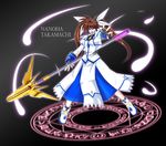  black_background character_name hagane_soushi lyrical_nanoha magic_circle magical_girl mahou_shoujo_lyrical_nanoha_strikers octagram raising_heart solo star_of_lakshmi takamachi_nanoha twintails 