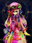  bangs black_background blunt_bangs crescent dress fur_trim hat long_sleeves looking_at_viewer looking_back mob_cap patchouli_knowledge purple purple_dress purple_eyes purple_hair shaded_face simple_background sketch solo touhou 