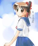  blue_sailor_collar blue_skirt blush bow brown_eyes brown_hair hair_bow ikeda_jun_(mizutamari) looking_at_viewer neckerchief original pleated_skirt red_bow sailor_collar school_uniform serafuku short_hair short_sleeves skirt solo tareme 