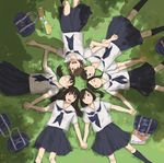  bad_id bag circle_formation closed_eyes from_above grass grin holding_hands lying multiple_girls original school_bag school_uniform serafuku smile tamaru_tokihiko 