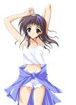  blue_eyes blush brown_hair camisole comic_party cowboy_shot hairband highres long_hair midriff navel sakurai_asahi shorts solo stretch suzuhira_hiro 