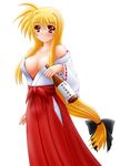  alcohol areolae bare_shoulders blonde_hair blush bottle breasts cleavage drunk fate_testarossa hakama japanese_clothes large_breasts long_hair low-tied_long_hair lyrical_nanoha mahou_shoujo_lyrical_nanoha_strikers miko red_hakama sake sake_bottle solo very_long_hair yamaguchi_ugou 