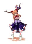  ^_^ akase_rai blue_dress blush bow bowtie closed_eyes dress full_body hair_bow horns ibuki_suika layered_dress long_hair oni orange_hair red_bow red_neckwear simple_background socks solo standing stretch touhou very_long_hair white_background white_legwear 