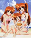  absurdres barefoot beach bikini blush day feet highres komori_atsushi long_hair lyrical_nanoha mahou_shoujo_lyrical_nanoha mahou_shoujo_lyrical_nanoha_strikers multiple_girls multiple_persona ocean one_eye_closed outdoors ponytail purple_eyes red_hair side_ponytail swimsuit takamachi_nanoha time_paradox twintails 