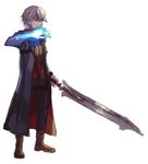  bad_id bad_pixiv_id blue_eyes devil_bringer devil_may_cry devil_may_cry_4 kazune_(baumkuchen) left-handed male_focus nero_(devil_may_cry) red_queen_(sword) silver_hair solo sword trench_coat weapon white_background 