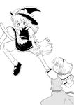  akase_rai alice_margatroid broom broom_riding greyscale kirisame_marisa monochrome multiple_girls touhou 