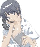  black_hair blue_eyes collarbone collared_shirt folder head_tilt headphones holding kawamura_rukanan looking_at_viewer original paper shirt short_sleeves sketch solo upper_body white_shirt 