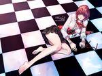  ass barefoot blue_eyes breasts checkered checkered_floor cleavage corset eyewear_removed feet glasses hokoodo large_breasts legs long_legs lying on_floor on_side original perspective red-framed_eyewear red_hair scarf short_hair skirt smile solo 