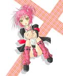  :o armlet between_legs black_jacket blush dutch_angle foreshortening full_body green_eyes hinamori_amu holding jacket jhonwalker leg_warmers loafers looking_at_viewer open_mouth pink_hair ponytail shoes shugo_chara! simple_background sitting solo white_background 