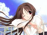  brown_hair cloud day happy_lesson ichimonji_mutsuki long_hair one_eye_closed railing red_eyes sasaki_mutsumi shirt sky smile solo wallpaper wind 