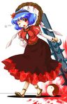  blood blue_hair blush bokusatsu_tenshi_dokuro-chan club fang hair_ornament leaf_hair_ornament michii_yuuki one_eye_closed parody red_eyes rope sandals shimenawa skirt solo touhou weapon yasaka_kanako yin_yang 