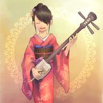  bachi brown_hair copyright_request instrument japanese_clothes katayama_kotetsu kimono music plectrum shamisen solo 