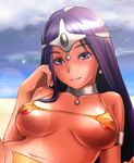  areola areolae asaki_yuki bikini breasts long_hair purple_eyes purple_hair swimsuit tan 