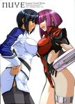  artbook black_hair blue_hair breast_contest breast_press breasts confrontation crossover fishnets highres kagami_hirotaka kangoku_senkan large_breasts leotard lipstick makeup military military_uniform miniskirt multiple_girls naomi_evans nuye oboro_(taimanin_asagi) purple_hair red_hair red_leotard scan short_hair skin_tight skirt symmetrical_docking taimanin_(series) taimanin_asagi thighhighs uniform universal_federation_army_uniform 