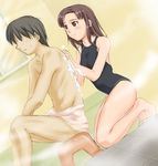  1girl barefoot bath kawada_tomoko kimi_kiss kneeling one-piece_swimsuit steam suda_(yuunagi_enikki) swimsuit towel washing_back 