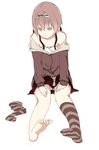  barefoot brown_hair cr_dagger feet original short_hair single_sock socks soles solo striped toes yellow_eyes 