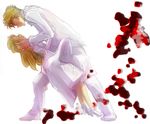  1girl artist_request baccano! blonde_hair blood blood_splatter dancing dress formal full_body jacket ladd_russo long_hair long_sleeves lua_klein pants shoes simple_background suit very_long_hair white white_background white_dress white_footwear white_jacket white_pants 