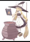  apron blonde_hair book bow broom cauldron cooking frills fujii_toshiaki full_body hat kirisame_marisa letterboxed long_hair mary_janes oversized_object pot shoes simple_background solo touhou witch_hat 