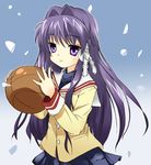  basketball clannad fujibayashi_kyou hikarizaka_private_high_school_uniform ixy long_hair purple_eyes purple_hair ribbon school_uniform solo 